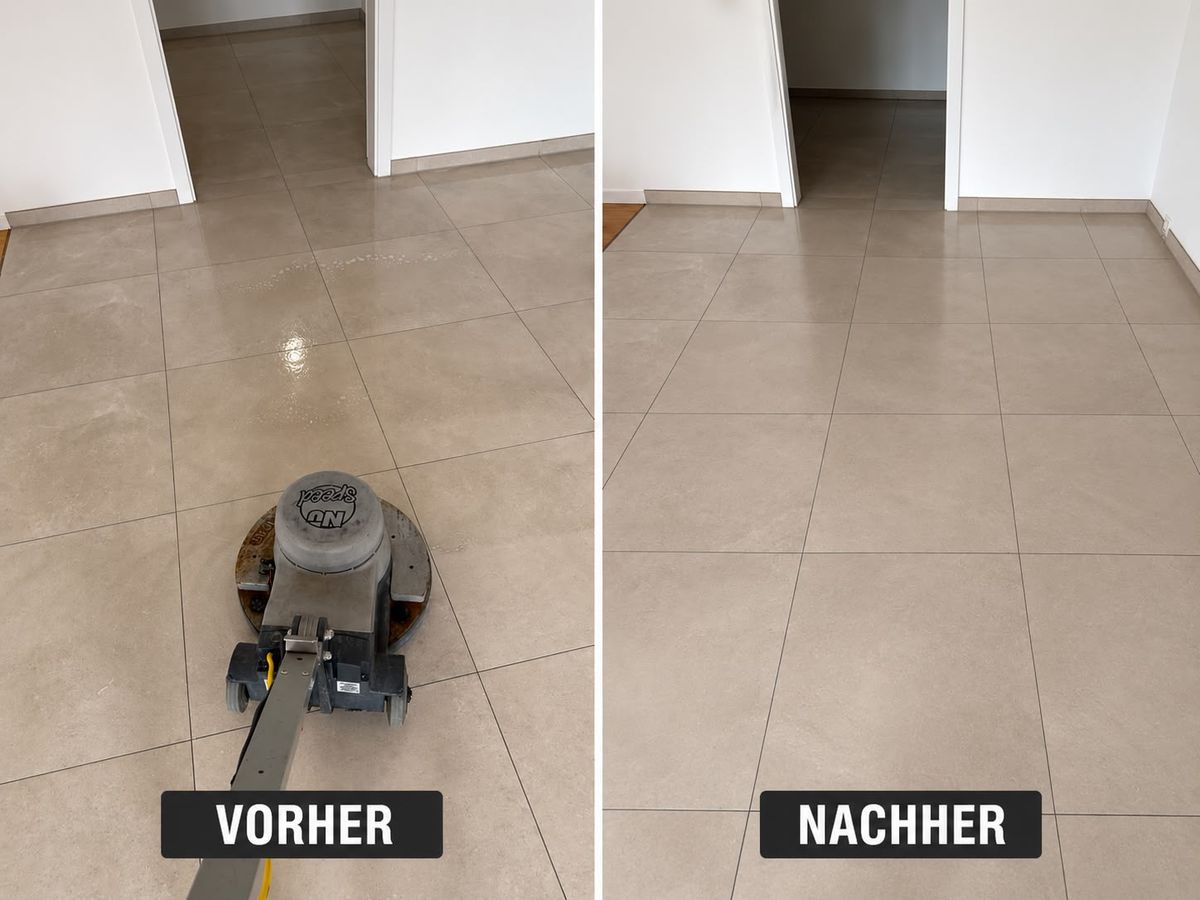 Fliesenboden vor und nach der maschinellen Reinigung